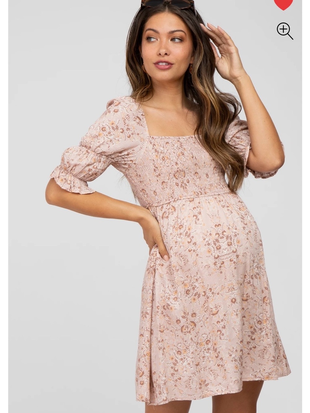 Pink Floral Smocked Square Neck Puff Sleeve Maternity Dress